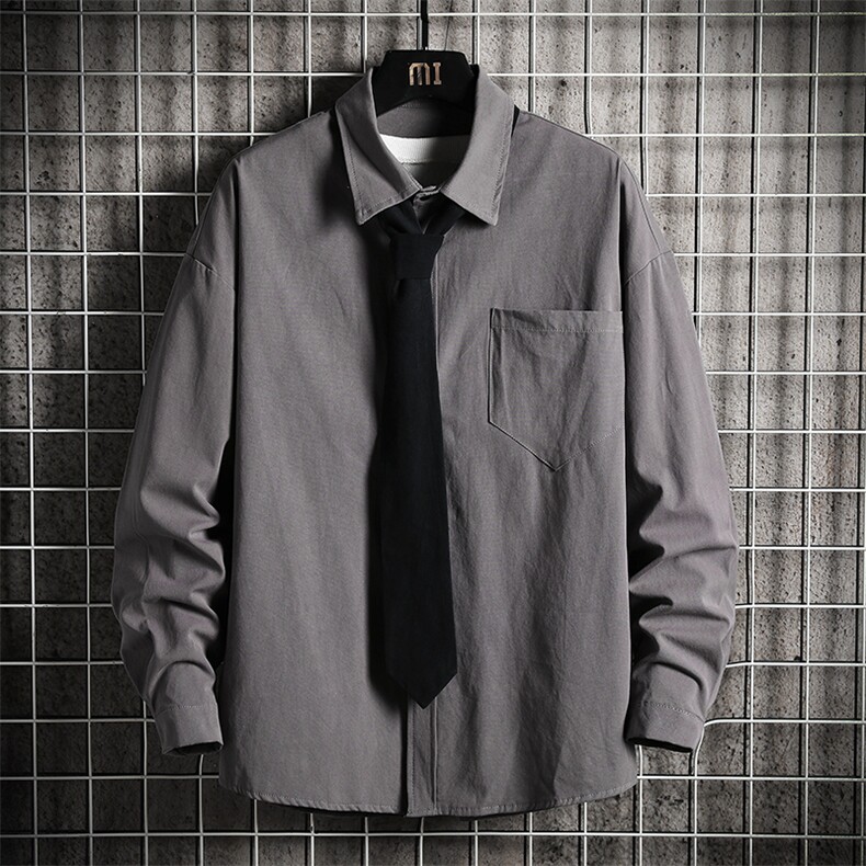 LC42099-P45加绒款P55痞帅领带长袖衬衫男士大码dk制服男jk网格,男装衬衫,电商A040A