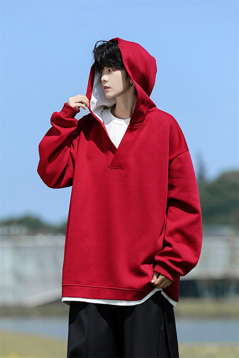 8XL-M叠穿假两件卫衣重磅连帽V领拼接套头衫宽松大码外套WY006P65,男装卫衣,电商B312