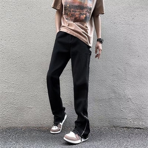 高街vibe风拉链开叉牛仔裤男潮牌宽松直筒美式毛边长裤N0699-P40图片