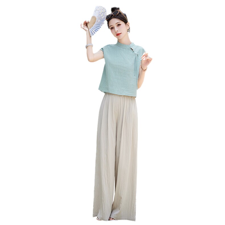 棉麻套装女夏季2025新款洋气减龄时尚新中式阔腿裤休闲两件套,女装套装/套裙,关键词