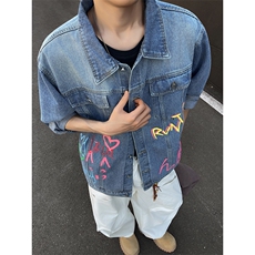 港风秋冬款男女牛仔夹克衫字母印花涂鸦渐变色外套JK073P70，男装夹克，星座1013-1