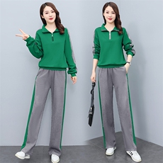 拼色长袖卫衣套装女2025春秋新款洋气减龄休闲运动服阔腿裤两件套，女装套装/套裙，凝聚力