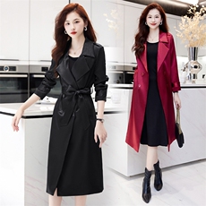 仿醋酸缎面风衣中长款过膝2025春秋新款高端精致英伦气质显瘦外套，女装风衣，卡杰菲