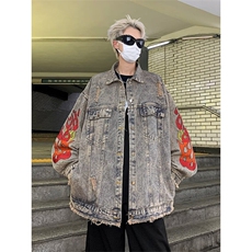 D2170-P70新款潮水洗破坏毛边火焰刺绣牛仔外套男女秋季ins夹克，男装夹克，星座603-2