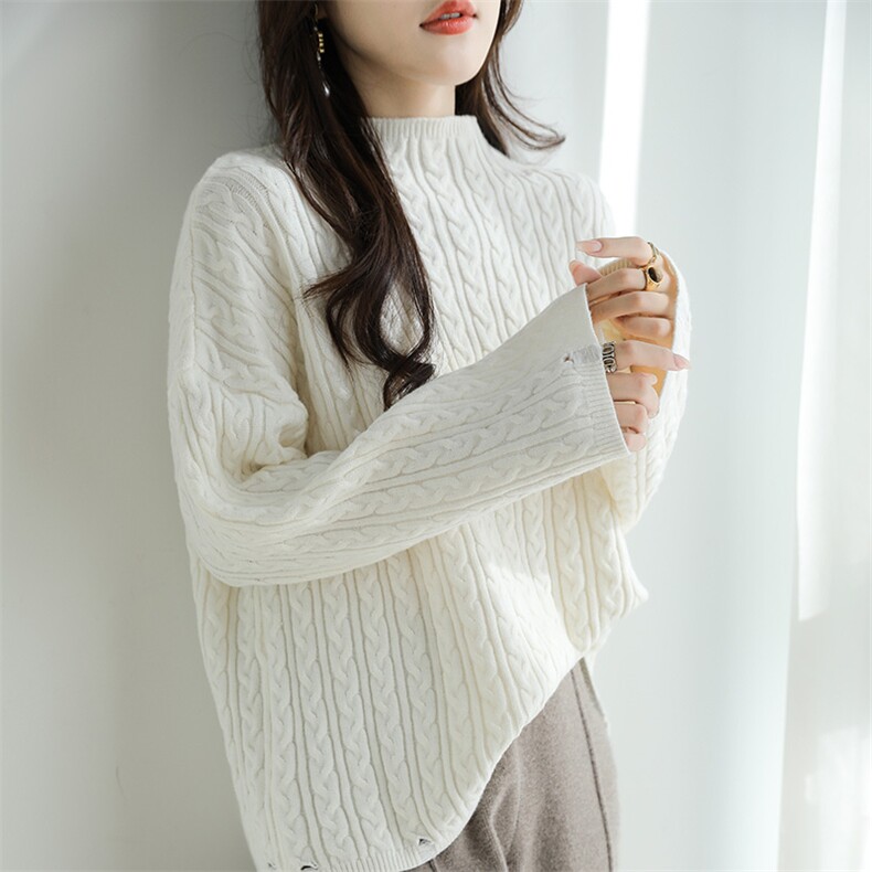 2025秋冬新半高领套头加厚针织衫女精美提花软糯亲肤保暖打底毛衣，女装针织衫/毛衣，特麦惠羊绒