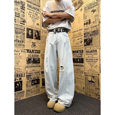 龙叨叨春夏新品原创设计款水洗破洞牛仔裤男美式高街休闲弯刀长裤，男装牛仔裤，星座601-1