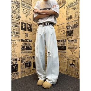 龙叨叨春夏新品原创设计款水洗破洞牛仔裤男美式高街休闲弯刀长裤图片