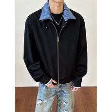 春季新款翻领可拆夹克格子拼接工装短外套男C61313-TP70128，男装夹克，电商A102
