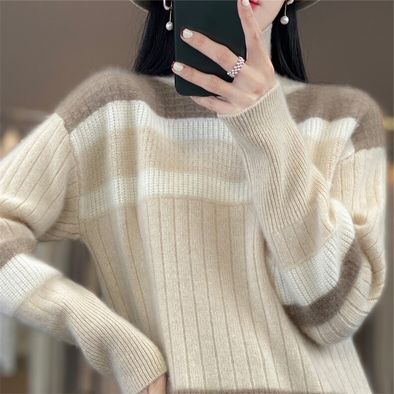 秋冬新款羊毛衫女半高领拼色加厚毛衣宽松羊绒衫针织打底衫图片
