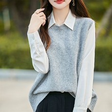 2025秋冬新款100%纯羊毛圆领百搭坎肩马甲背心女无袖针织羊绒上衣，女装马甲，冀清阳荣