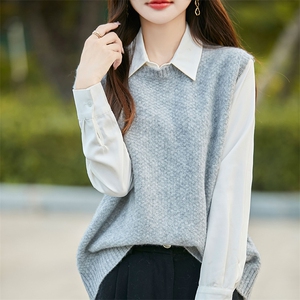 2025秋冬新款100%纯羊毛圆领百搭坎肩马甲背心女无袖针织羊绒上衣图片