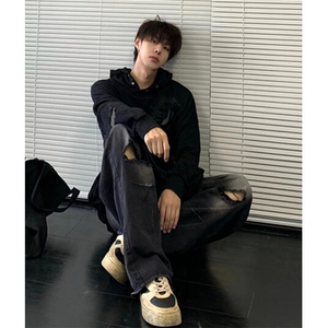 毛边破洞设计水洗泛白做旧直筒牛仔裤宽松休闲男女老爹裤 N090图片