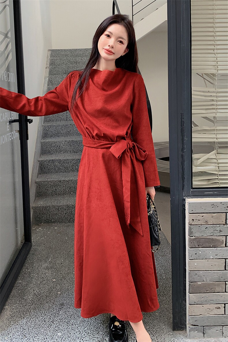 高端精致气质红色长袖连衣裙女2024早秋新款小个子收腰显瘦长裙子,女装连衣裙,新思路