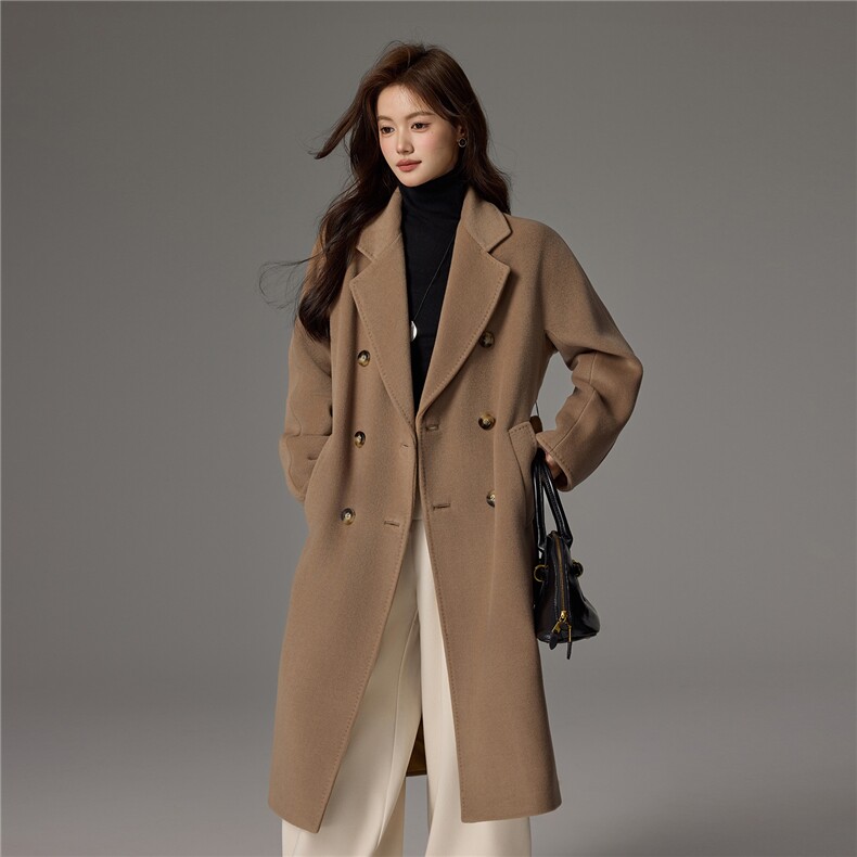 2025舒适百搭简约长款翻领长袖大衣，女装双面呢大衣，荣图大衣
