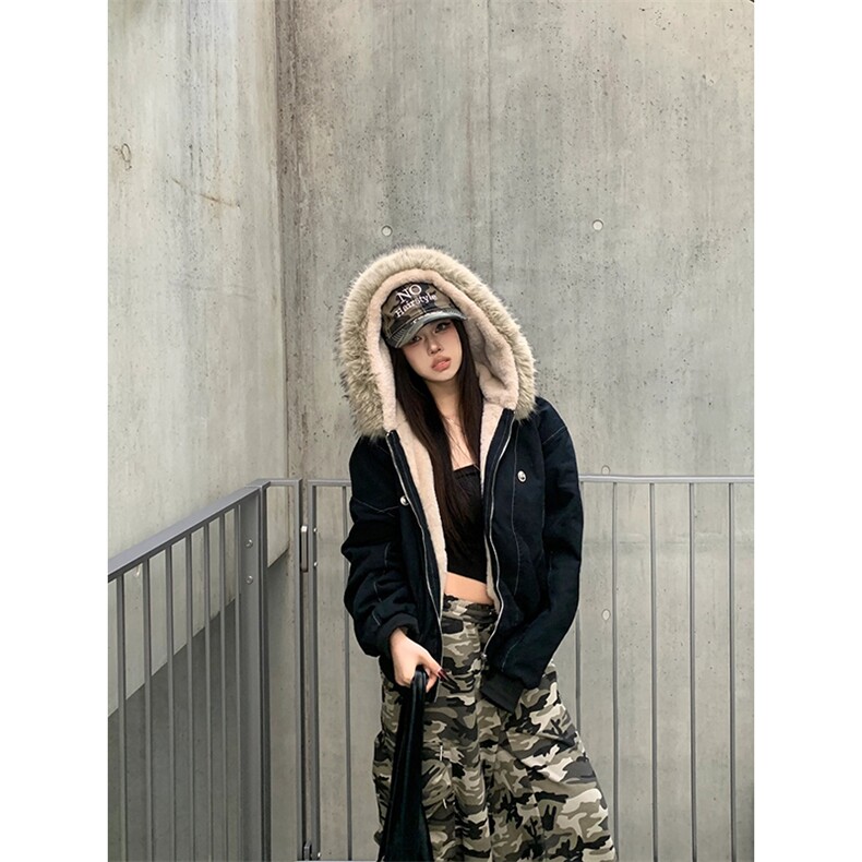 现货重磅boxy短款棉衣座山雕大毛毛领男女棉服水洗工装厚外套,男装棉衣,电商A486