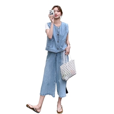 现货牛仔砂洗三件套(送蕾丝丝巾）白T+马甲+阔腿裤M26P175K238，女装套装/套裙，2C236
