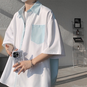 仓库现货 CS1120-特批25 条纹撞色拼接百搭痞帅大码短袖衬衫图片