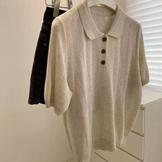 2025年秋季不连帽短袖纯色POLO领系扣时尚百搭简约大方，女装T恤，圣旺供货