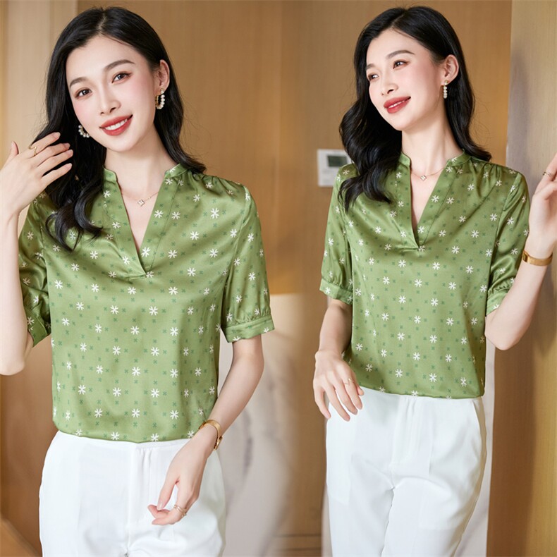 v领真丝衬衫女短袖夏季2025新款宽松大码印花桑蚕丝上衣中年妈妈,女装衬衫,阿舍尔精品