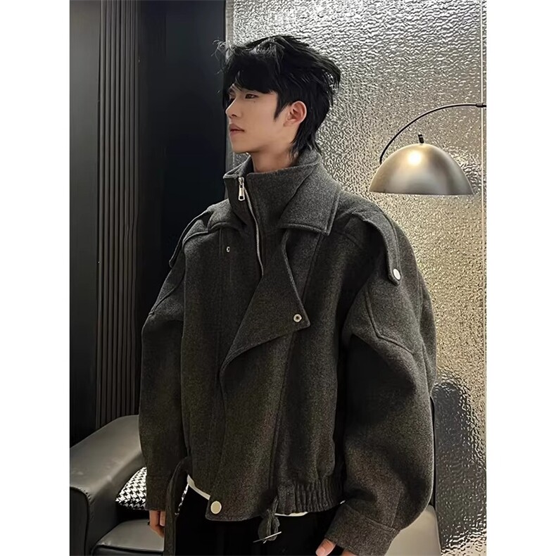 老钱风假两件短款毛呢大衣男秋冬痞帅高级感美式结构呢子风衣外套，男装风衣，星座506A