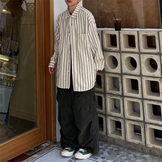 日系条纹长袖衬衫男春秋高级感痞帅衬衣美式复古休闲外套，男装衬衫，星座506A