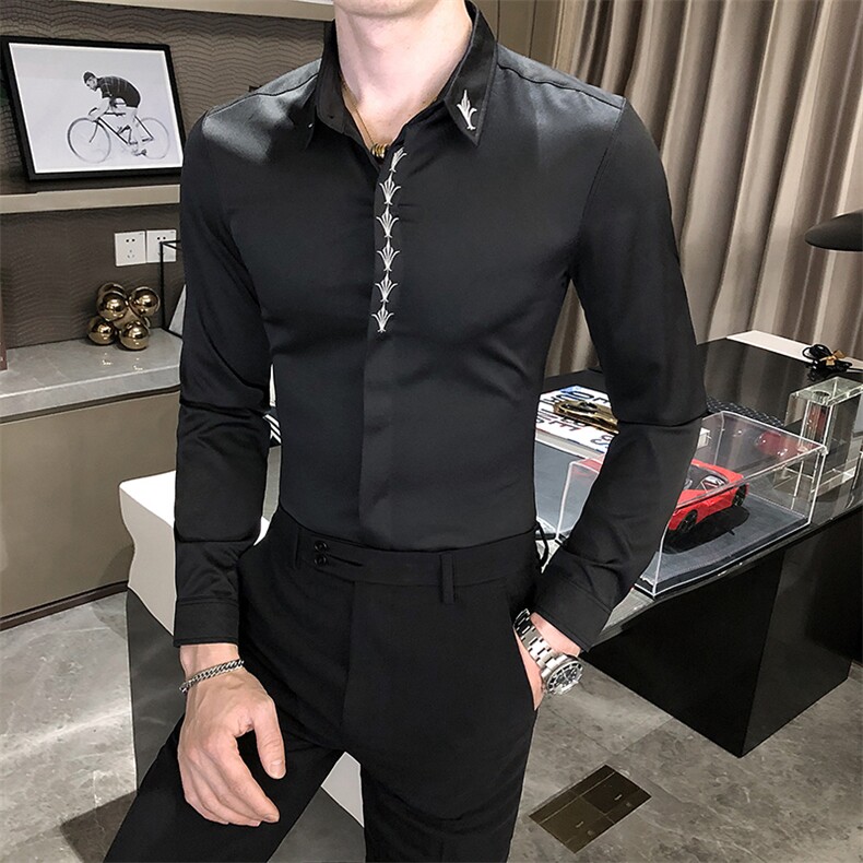 20秋男衬衫英伦长袖上衣刺绣男装韩版修身四季纯色衬衣C325特P50,男装衬衫,星座419（原A233）