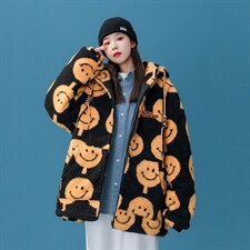 羊羔毛中性韩版笑脸加厚连帽棉衣棉服216-2-BK51-P128控158杏色，女装棉衣/棉服，星座716-1