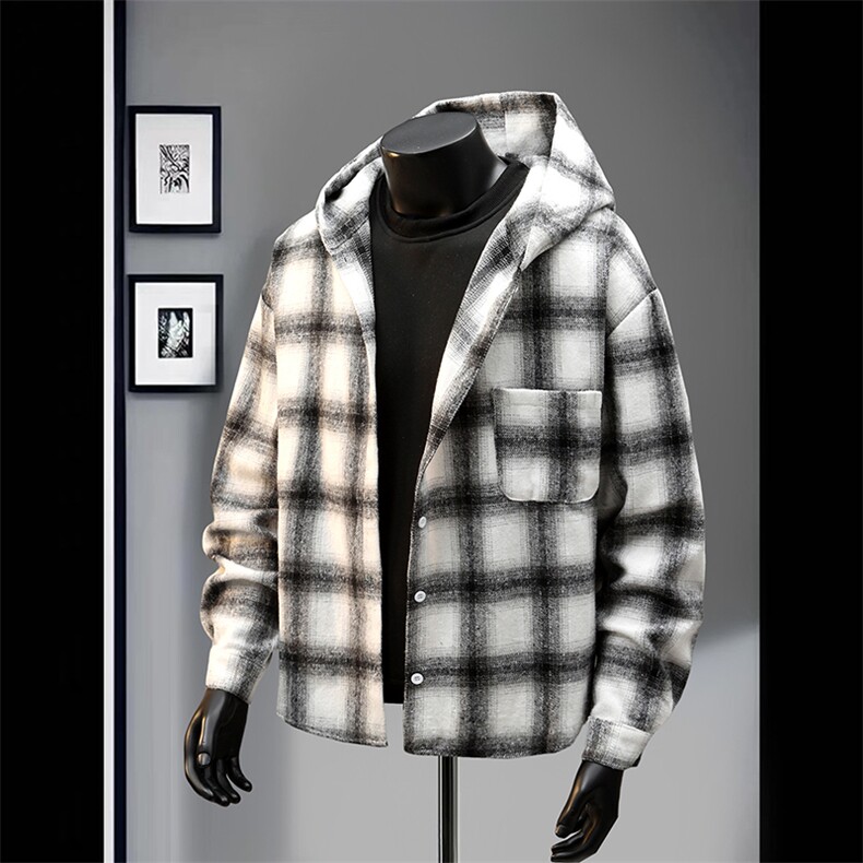 特批45数据款港风连帽格子衬衫宽松外套男女百搭格子外套CS2399，男装衬衫，电商A128