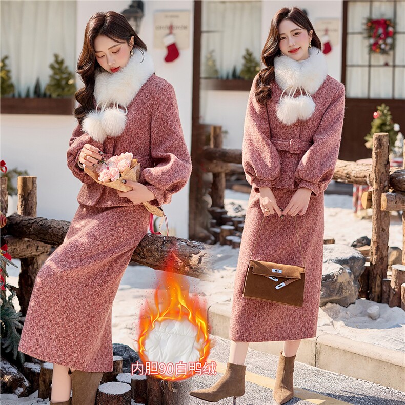 bao款现货2025新款冬装真狐狸毛质感新中式套装羽绒服90绒有腰带,女装羽绒服,众宇琦