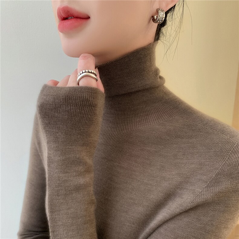 一线成衣无缝精纺扬子纱100羊毛衫女堆堆领修身显瘦内搭打底衫,针织衫/毛衣,暖绒情旗舰店