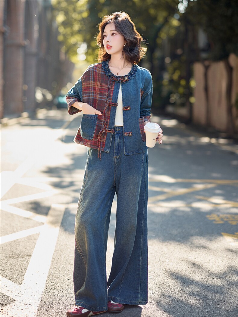 2025年秋季韩系格纹拼接牛仔套装洋气减龄阔腿裤两件套,女装套装/套裙,欣品汇