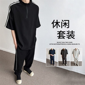 冰感重磅短袖套装男夏季宽松三杠半袖t恤衫长裤两件套图片