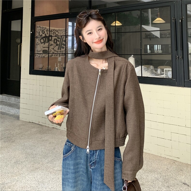 可盐可甜复古圆领外套女2025秋季新款韩版休闲显瘦小个子短款夹克,女装短外套,2C239