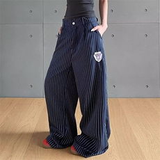 蓝色条纹裤女夏季新款大码胖mm宽松显瘦遮肉微胖休闲裤拼接阔腿裤，男装休闲裤，星座506A