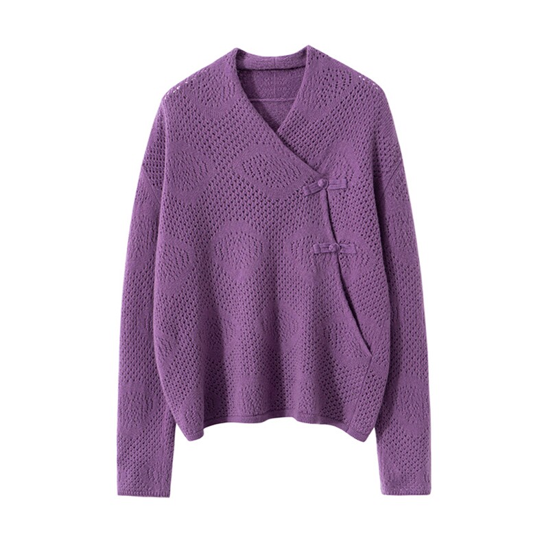 优雅紫色古风镂空盘扣羊毛衫，女装羊毛衫，宏杨羊绒