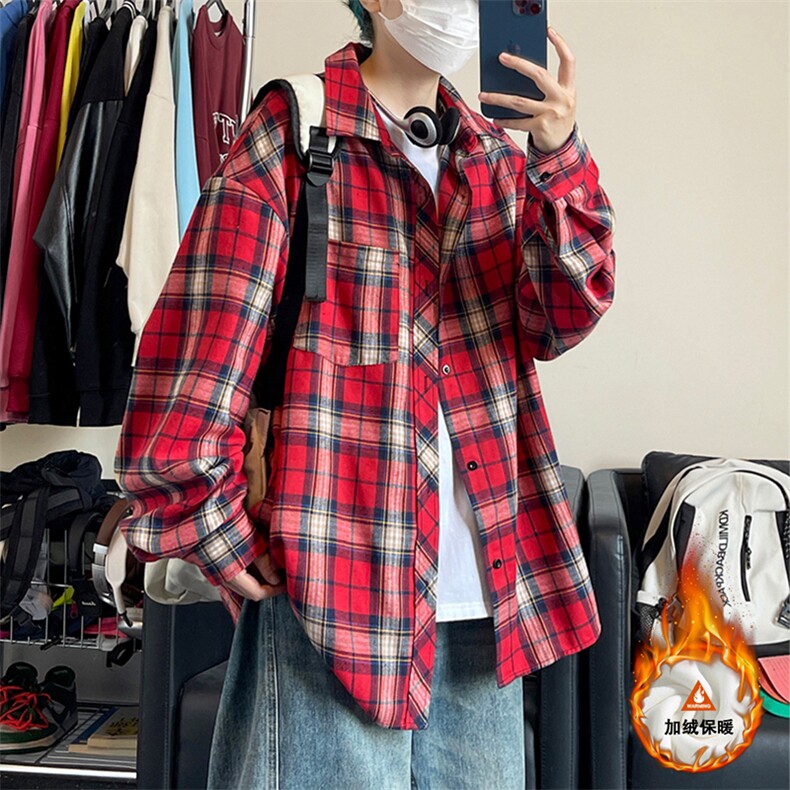 格子加绒加厚长袖外套宽松休闲衬衫男女C2208-特P28/CJ9740-特P40,男装衬衫,电商A007