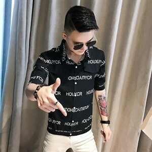 905-P45  2021夏季潮男中袖衬衫韩版修身帅气短袖休闲网红衬衣图片