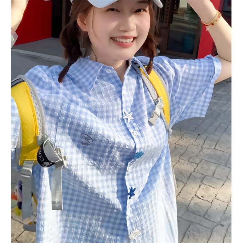 蓝色泡泡纱短袖衬衫男女夏季设计感纽扣格子衬衣休闲情侣外套,男装T恤,星座601-1