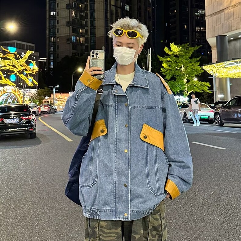 街头拼接牛仔夹克痞帅设计感小众撞色工装复古vibe潮外套JK2173,男装夹克,星座1116A-1（原606A）
