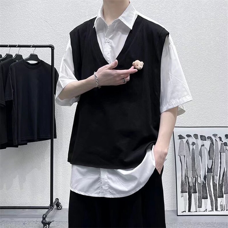 夏季短袖衬衫潮流帅气休闲衬衫假两件小熊衬衣CS03P40，男装衬衫，星座1116-2
