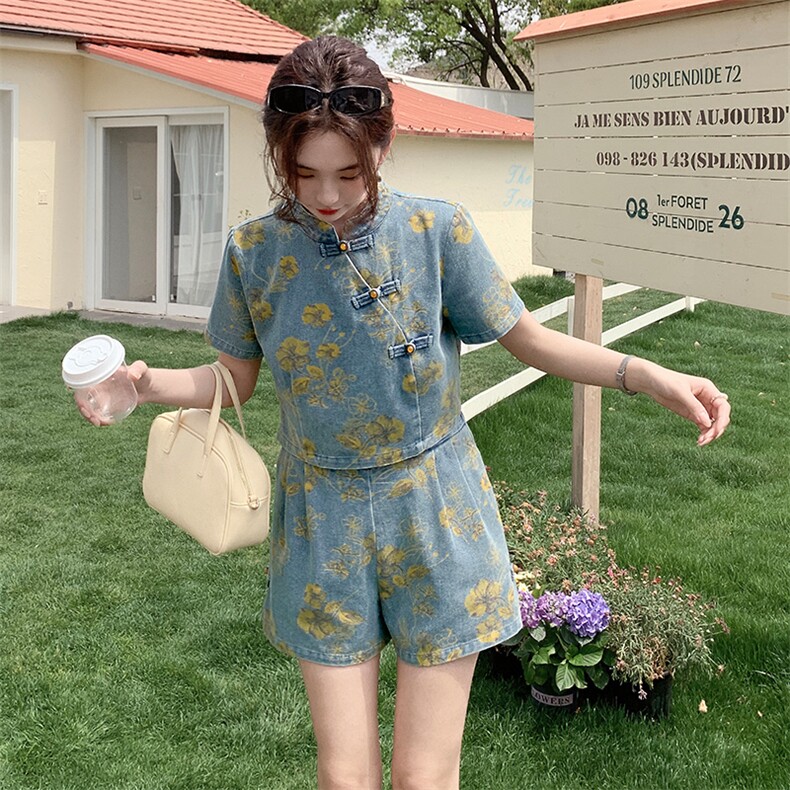 新中式风盘扣牛仔套装裙女2025年夏季新款复古印花半身裙两件套,女装套装/套裙,浙宝二楼003号
