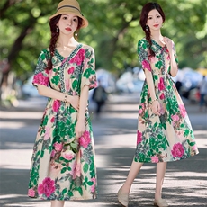 现货！夏季新款2025时尚气质天丝麻料印花抽绳系带修身连衣裙，女装连衣裙，涵墨