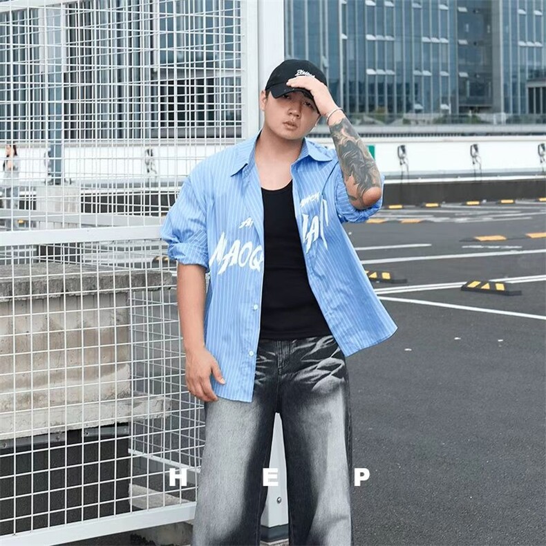 【侯二胖】学院风条纹秋季新品印花长袖日系休闲宽松衬衫,男装衬衫,星座506A