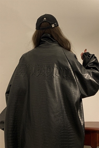 大码pu皮衣夹克钢印美式女复古oversize显瘦设计感情侣机车外套秋图片