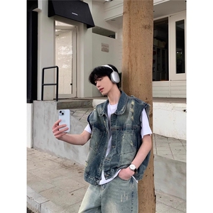 美式水洗磨毛边短款牛仔马甲男无袖宽松夏季潮流帅气上衣XJK8942图片