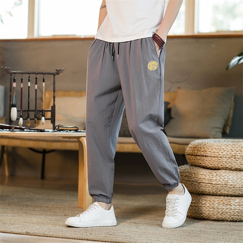 男裤大码宽松亚麻休闲裤风刺绣束脚棉麻九分裤314A-1-H01-P28，男装休闲裤，星座1513