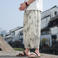 24夏季新中式竹叶印花天丝麻冰丝八分裤子K213-P55-控78，男装休闲裤，电商A021