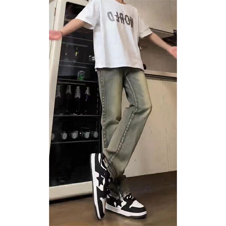美式ins高街hiphop拉链直筒重工艺水洗牛仔裤货号K685P55图片