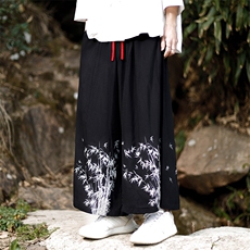 现货男士大码休闲裤风棉麻竹叶印花阔腿裤子K211-P60控78，男装休闲裤，电商A021