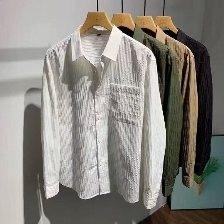 早秋轻奢高级感韩版痞帅衬衣褶皱设计百搭休闲纯色衬衫长袖外套,男装衬衫,电商B212（原钱塘6029）